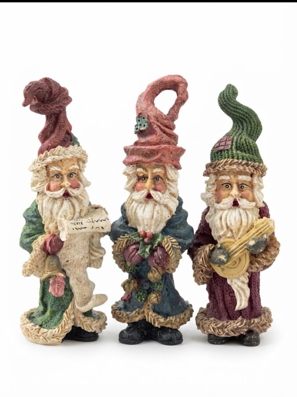 Santa Claus 3 Whimsical Santa Claus Figurines in Wizardly Hats 5" Red & Green